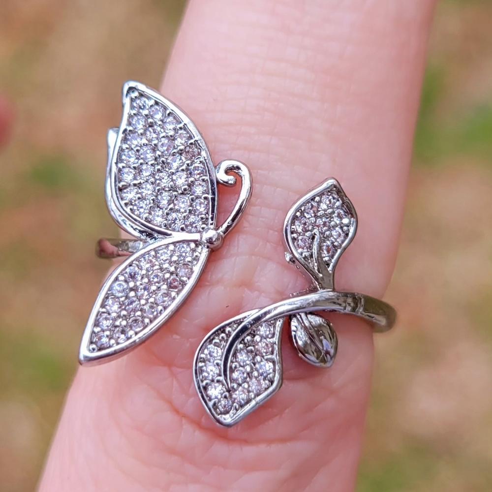 Crystal Butterfly Leaf Silver Ring Adjustable Band One Size Fits All